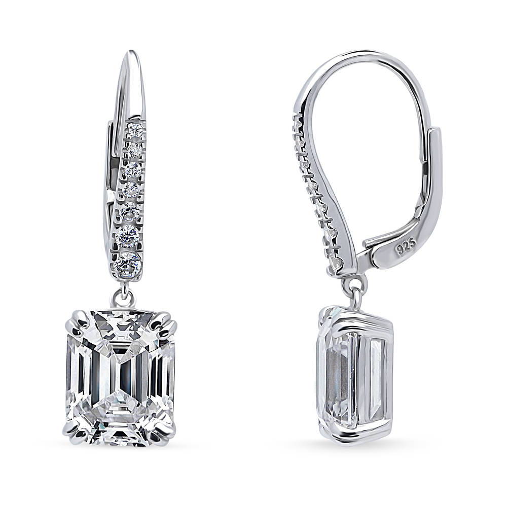 Solitaire Emerald Cut CZ Leverback Earrings in Sterling Silver