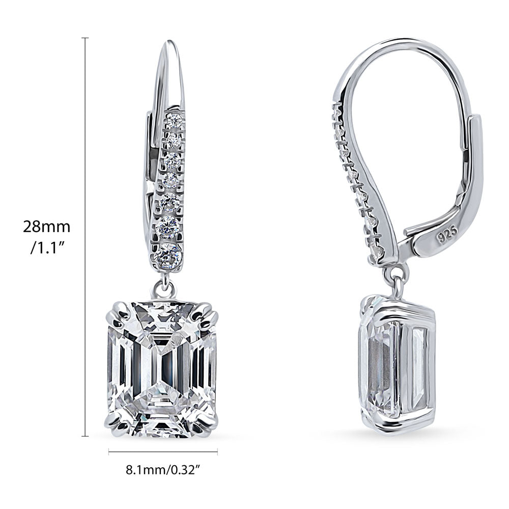Solitaire 7.6ct Emerald Cut CZ Leverback Earrings in Sterling Silver