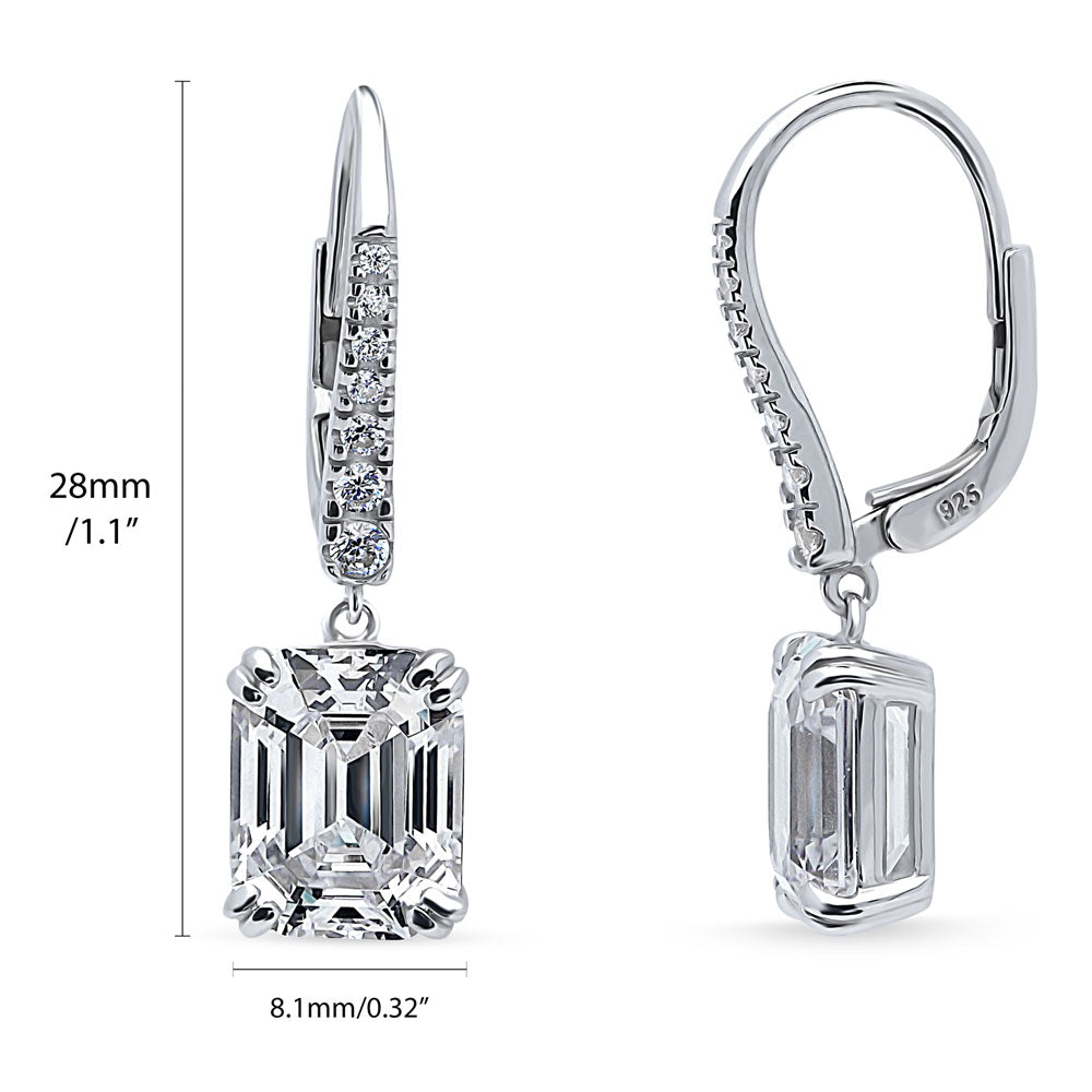 Front view of Solitaire Emerald Cut CZ Leverback Earrings in Sterling Silver, 3 of 4