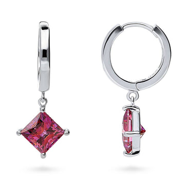 Solitaire Red Princess CZ Dangle Earrings in Sterling Silver 2.4ct