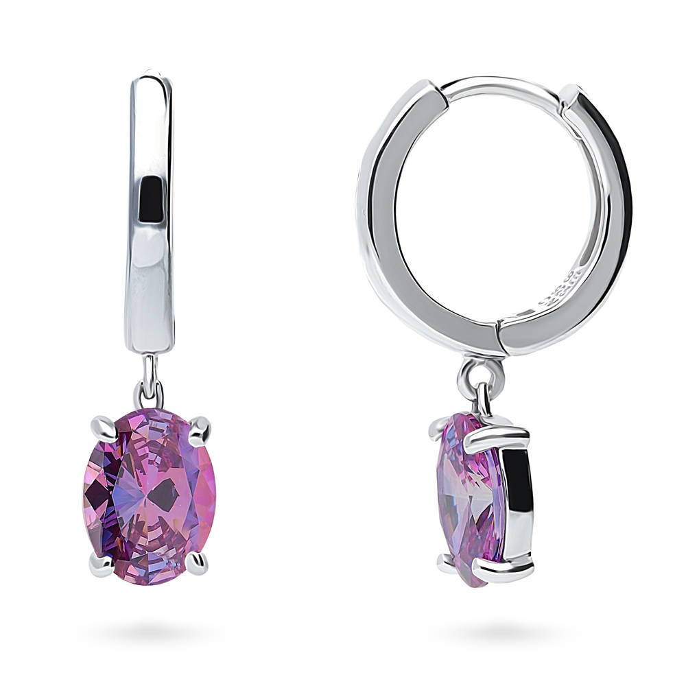 Solitaire Purple Oval CZ Dangle Earrings in Sterling Silver 2.4ct