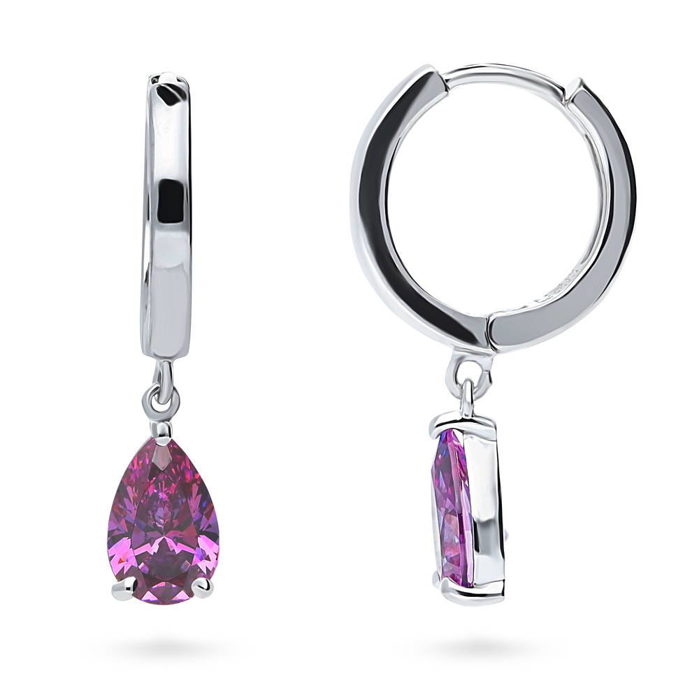 Solitaire Purple Pear CZ Dangle Earrings in Sterling Silver 1.6ct