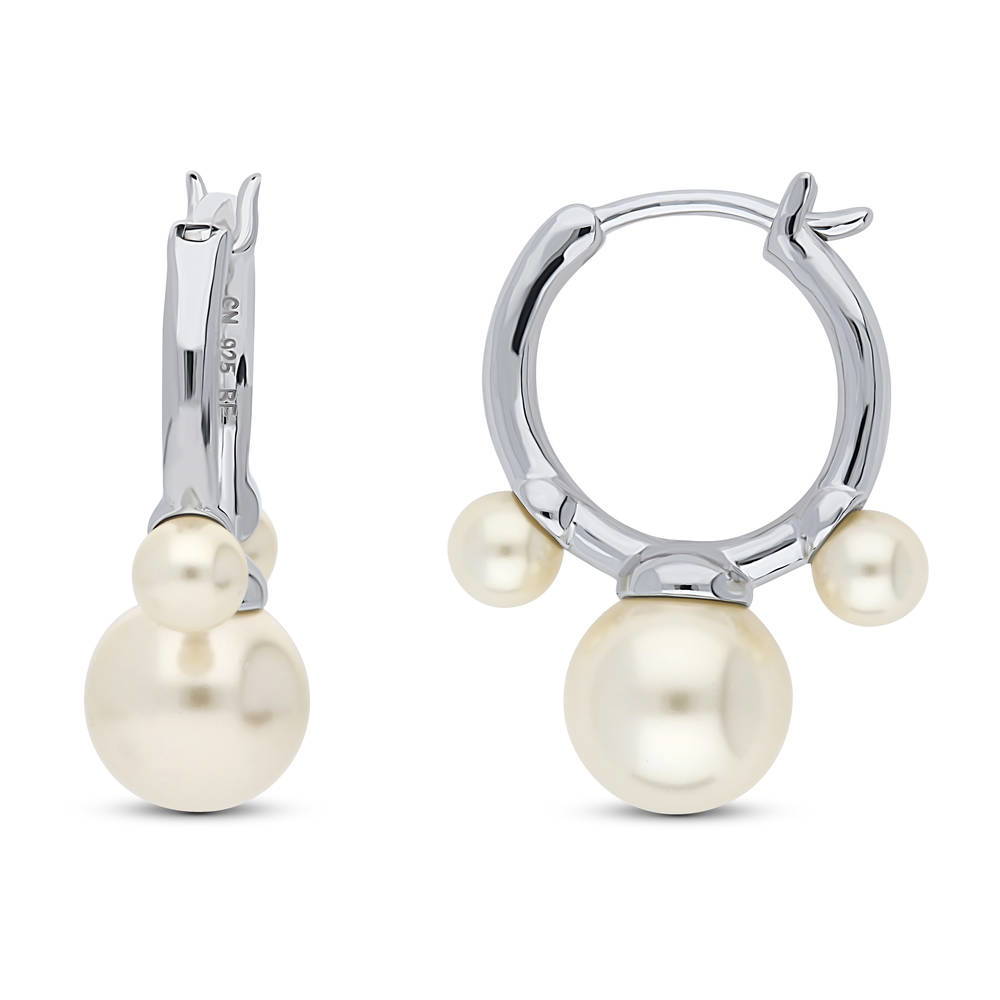 Bead Imitation Pearl Medium Huggie Earrings in Sterling Silver 0.86"