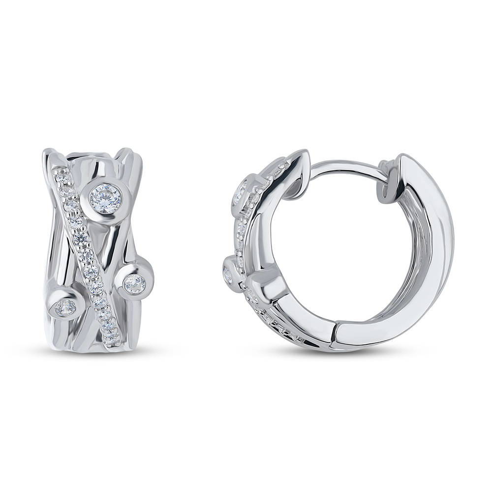 Bubble Criss Cross CZ Small Huggie Earrings in Sterling Silver 0.58"