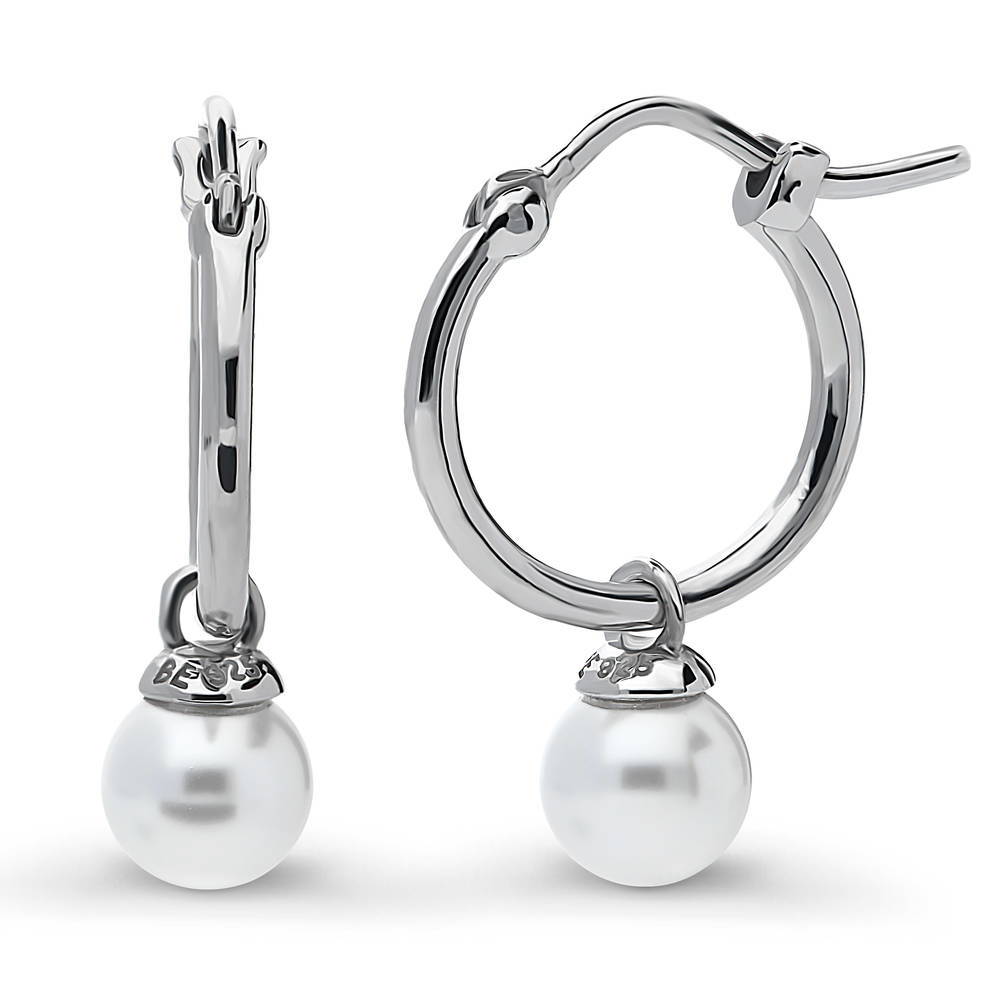 Solitaire White Round Imitation Pearl Earrings in Sterling Silver