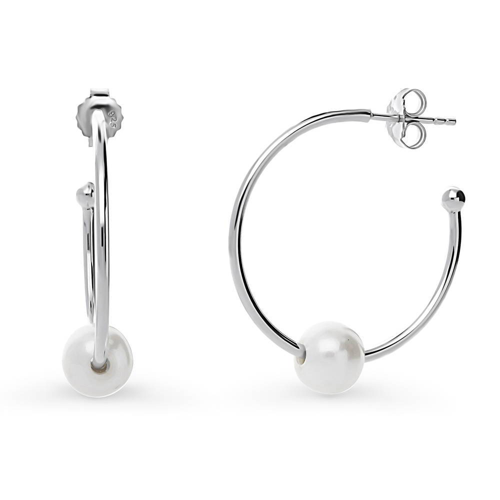 Solitaire Cultured Pearl Half Hoop Earrings in Sterling Silver 1.15"