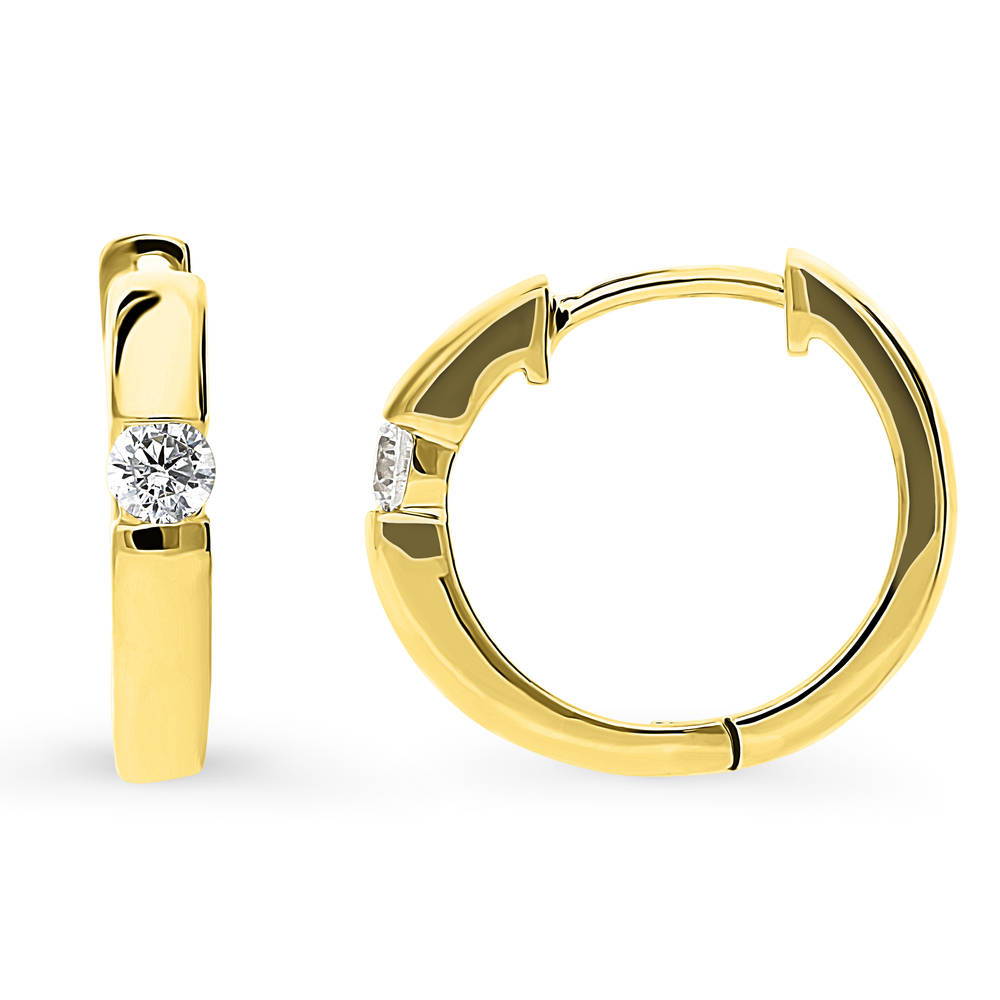 Front view of Solitaire CZ Small Hoop Earrings in Sterling Silver 0.6 inch, Yellow Gold Flashed