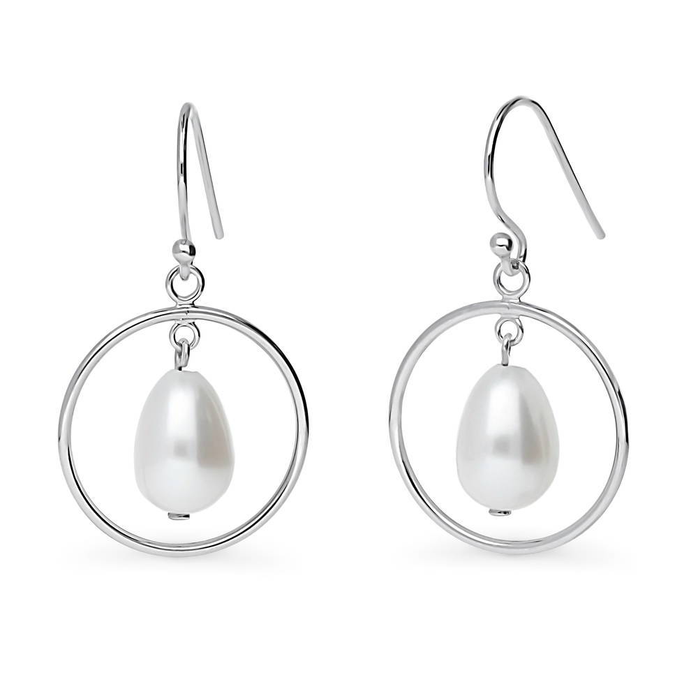 Open Circle White Baroque Cultured Pearl Earrings in Sterling Silver