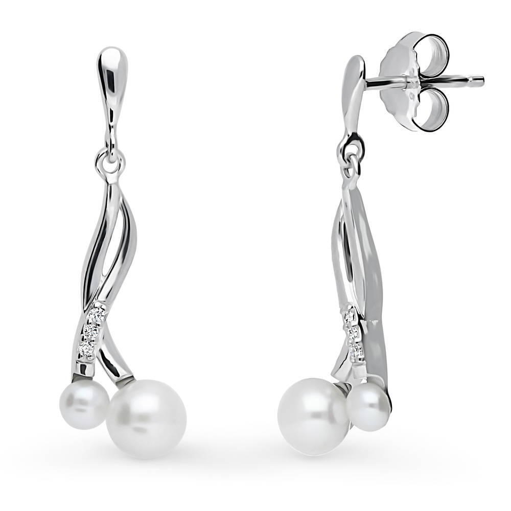 Infinity White Round Cultured Pearl Earrings in Sterling Silver