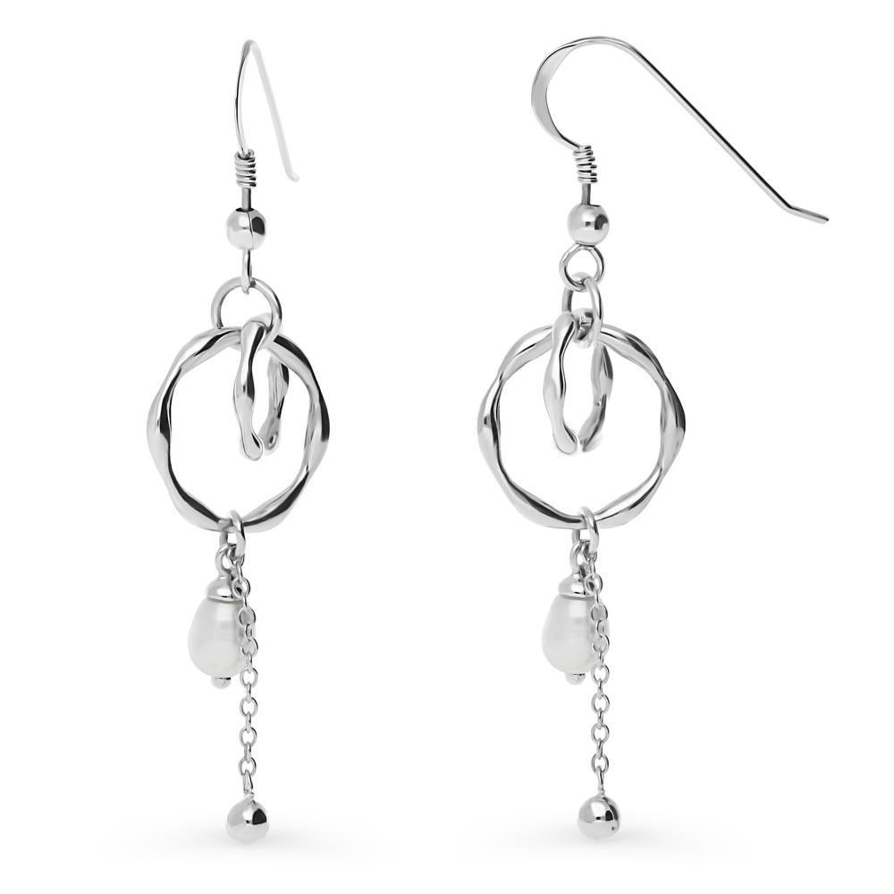 Open Circle White Drop Cultured Pearl Earrings in Sterling Silver, 1 of 3