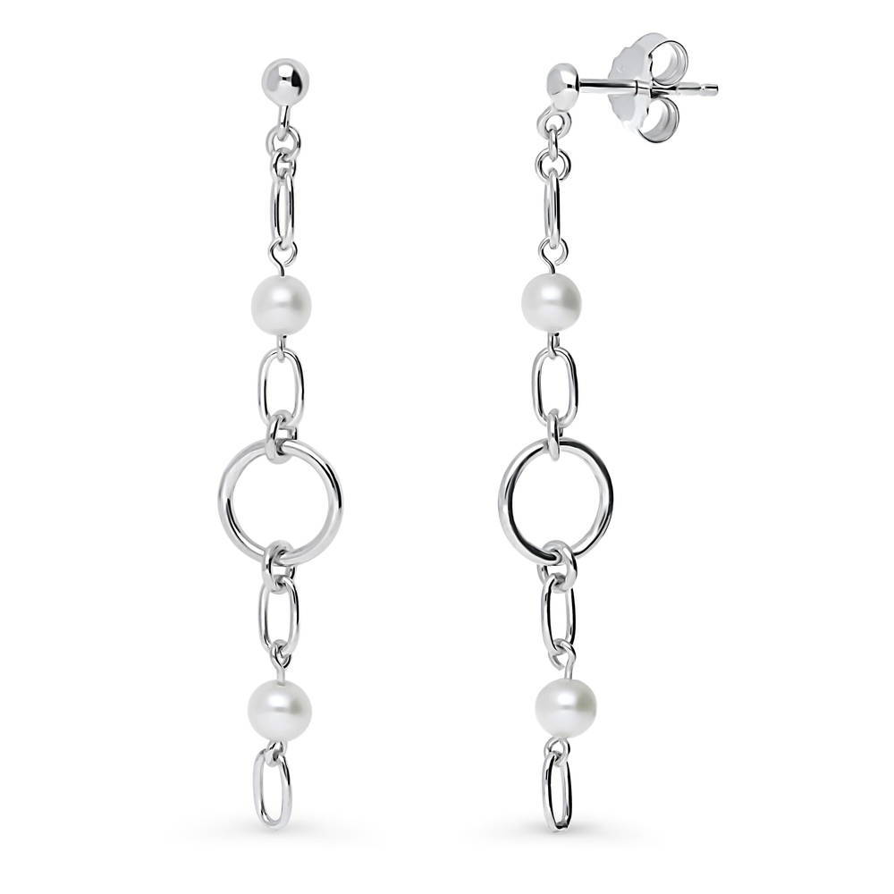 Open Circle White Round Cultured Pearl Earrings in Sterling Silver