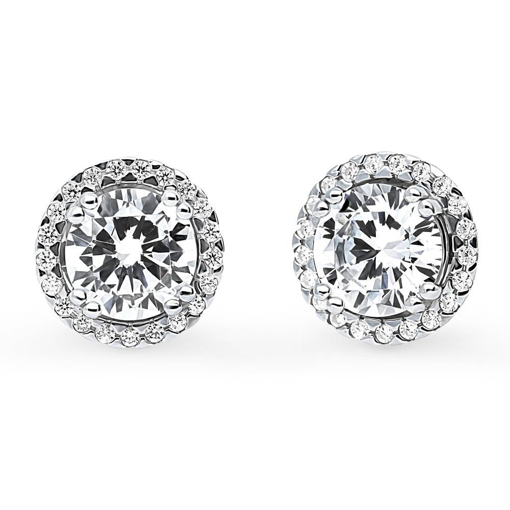 Halo Solitaire Round CZ Stud Earrings in Sterling Silver, 2 Pairs