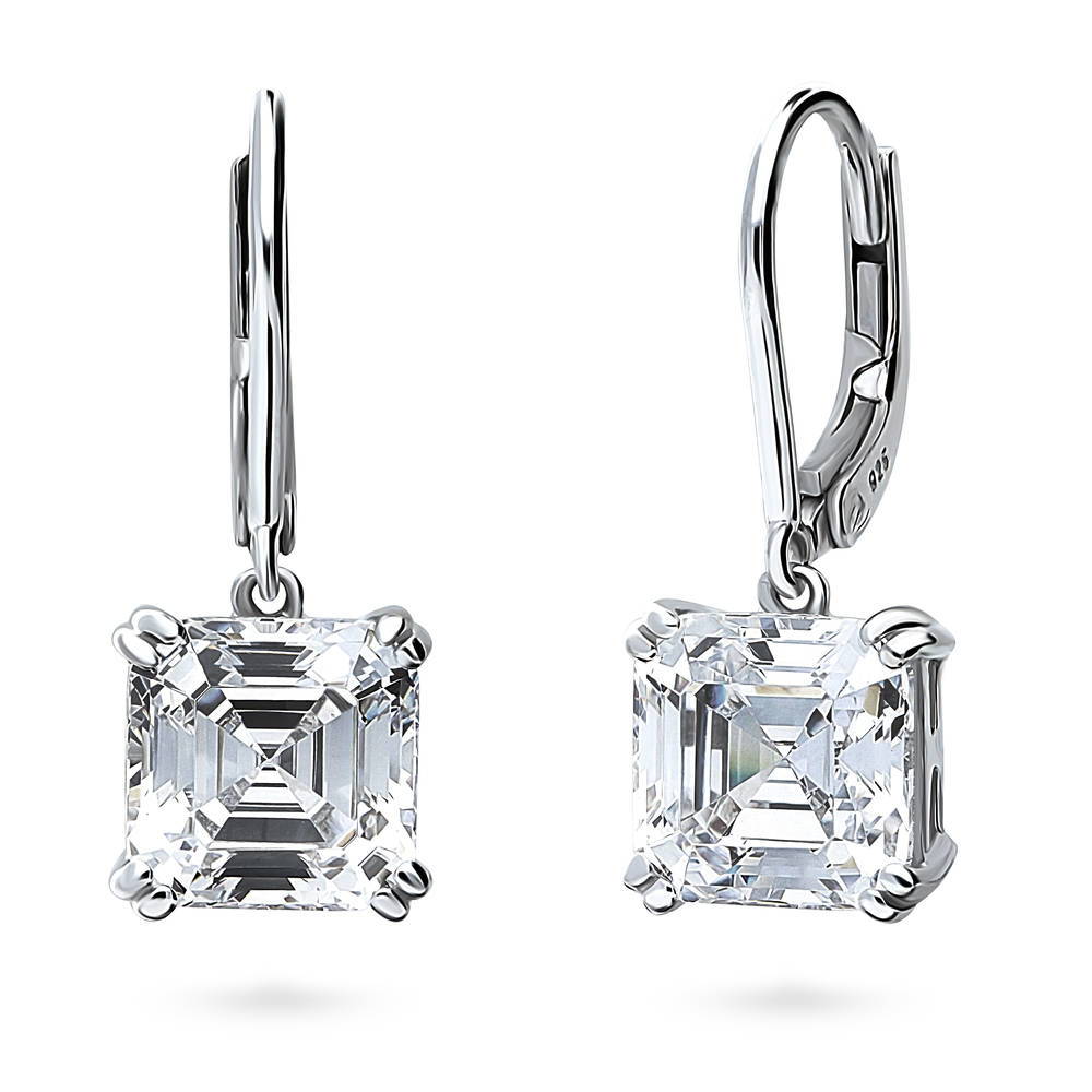 Solitaire 6ct Asscher CZ Leverback Dangle Earrings in Sterling Silver