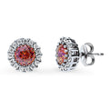 Halo Kaleidoscope CZ Stud Earrings in Sterling Silver, Red Orange Color