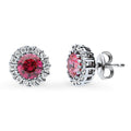 Halo Kaleidoscope CZ Stud Earrings in Sterling Silver, Red Color