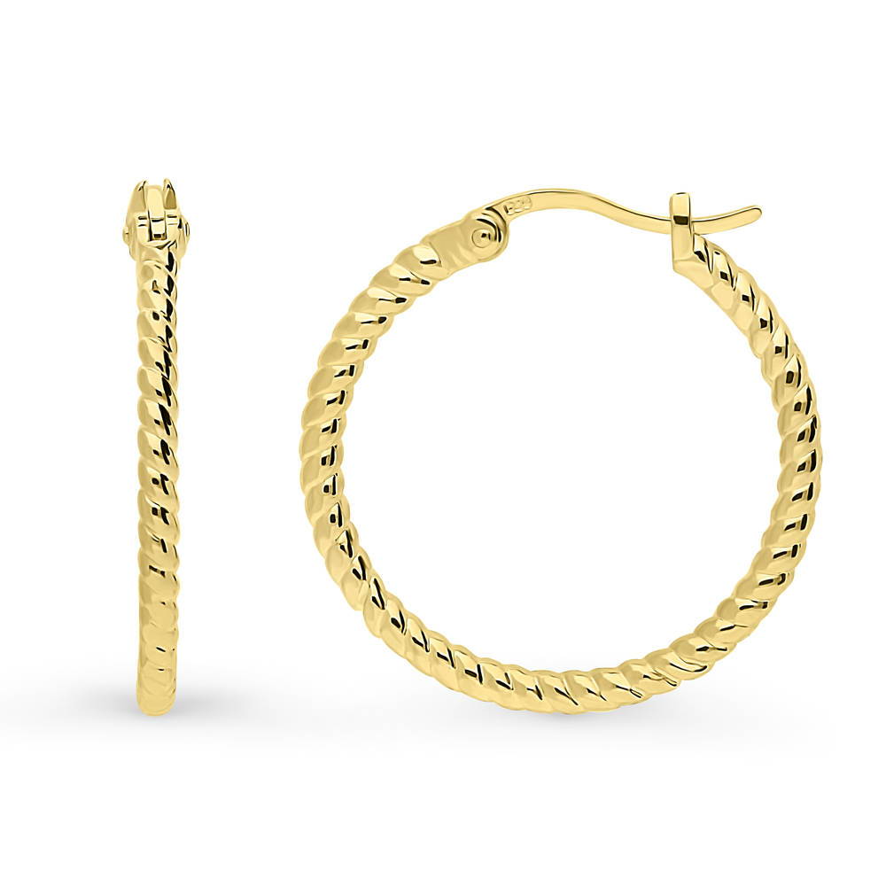 Cable Hoop Earrings in Gold Flashed Sterling Silver, 2 Pairs