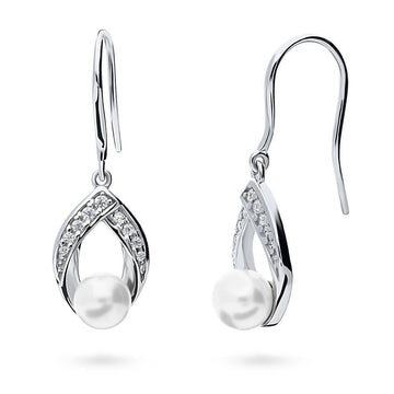 Woven Imitation Pearl Fish Hook Dangle Earrings in Sterling Silver