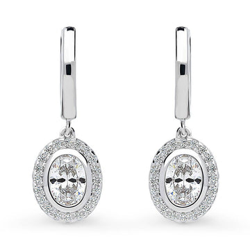 Halo Oval CZ Dangle Earrings in Sterling Silver