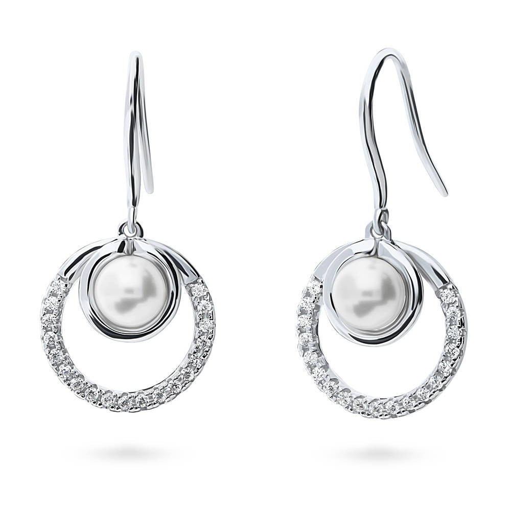 Round Open Circle Imitation Pearl Fish Hook Earrings in Sterling Silver