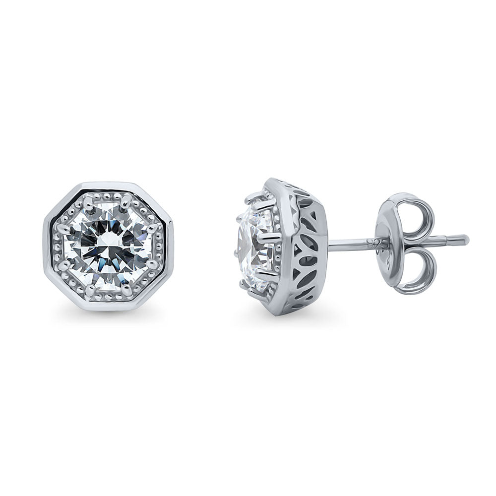 Solitaire Octagon Sun CZ Stud Earrings in Sterling Silver 2.5ct