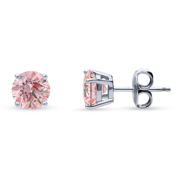 Solitaire Morganite Color Round CZ Stud Earrings in Sterling Silver 2ct