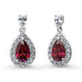 Halo Pear CZ Necklace and Earrings in Sterling Silver, Red