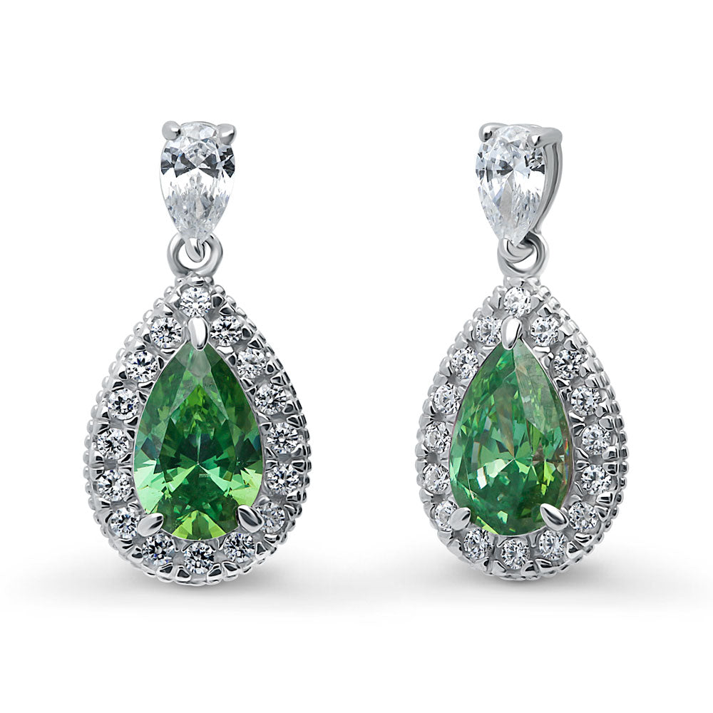 Halo Green Pear CZ Necklace and Earrings Set in Sterling Silver