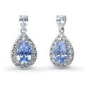 Halo Pear CZ Necklace and Earrings in Sterling Silver, Blue