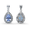 Front view of Halo Pear CZ Necklace and Earrings in Sterling Silver, Blue