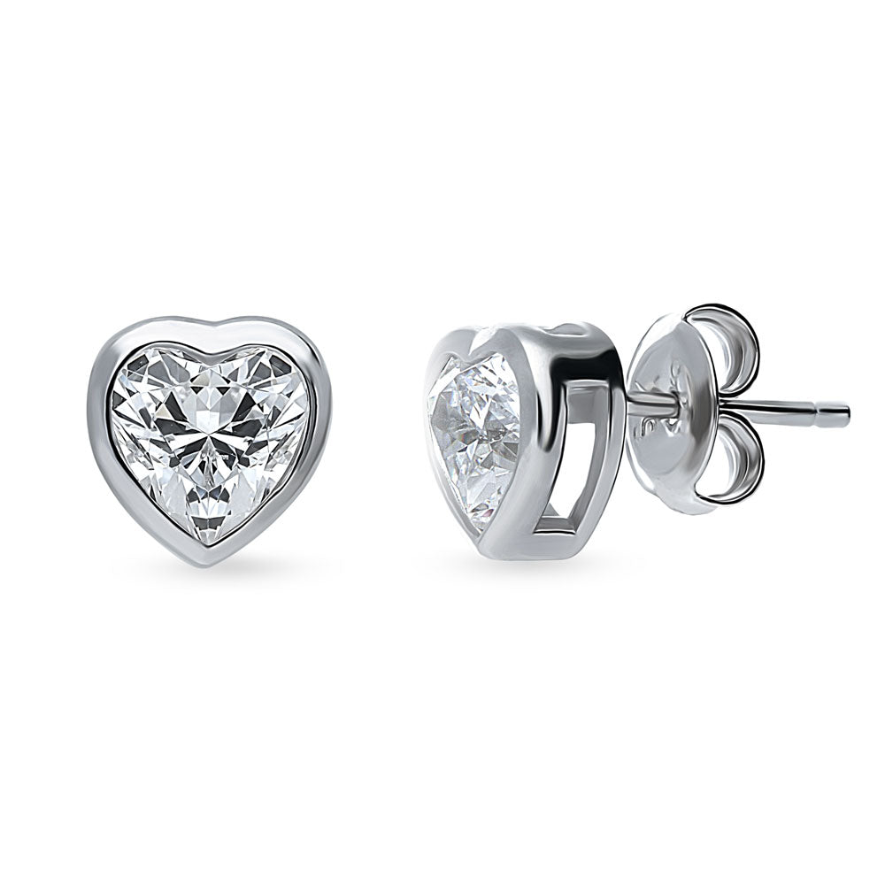 Solitaire Bezel Set Heart CZ Stud Earrings in Sterling Silver 1.4ct