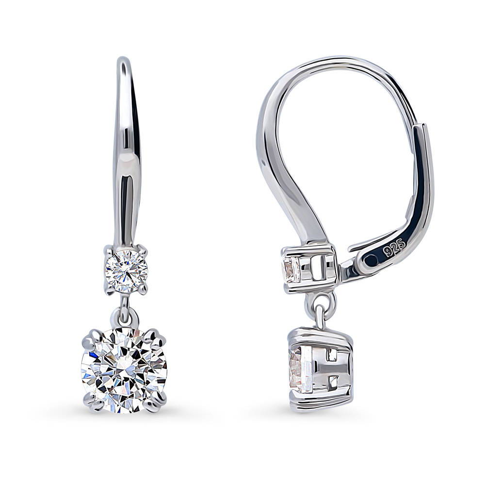 Solitaire 1.6ct Round CZ Leverback Dangle Earrings in Sterling Silver