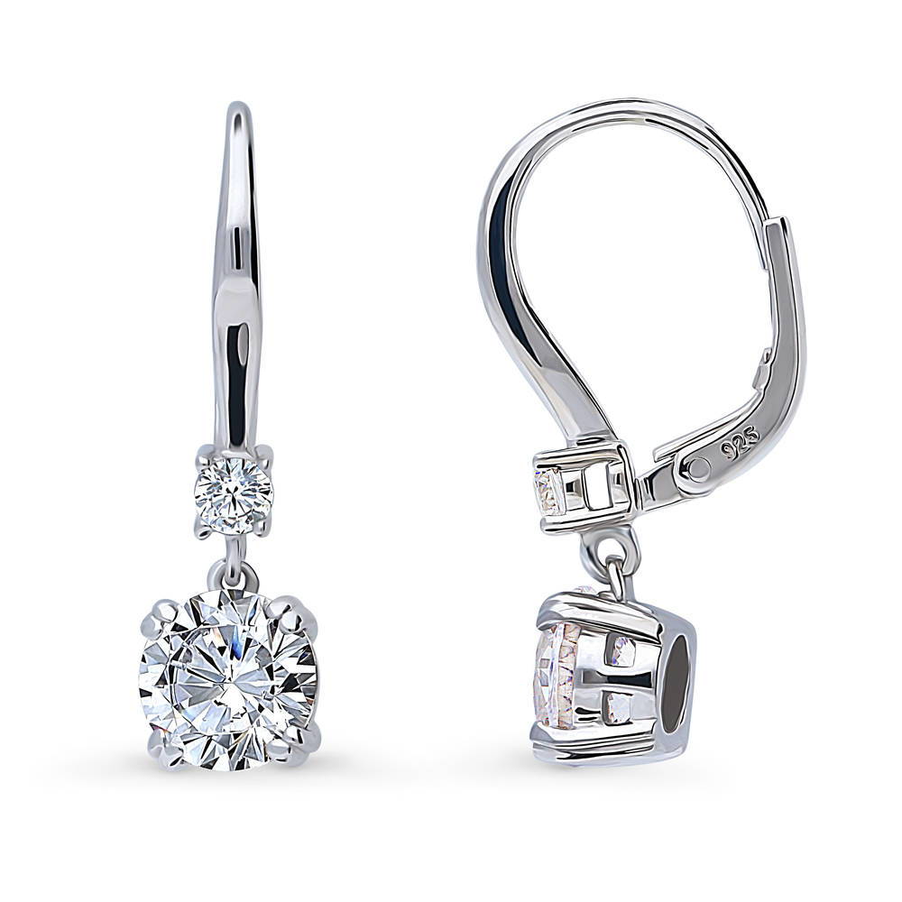 Solitaire 2.5ct Round CZ Leverback Dangle Earrings in Sterling Silver