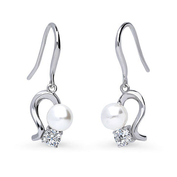 Ball Bead Imitation Pearl Fish Hook Dangle Earrings in Sterling Silver