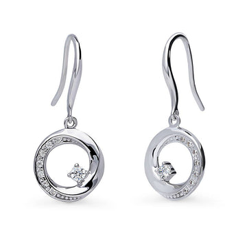 Open Circle Woven CZ Fish Hook Dangle Earrings in Sterling Silver