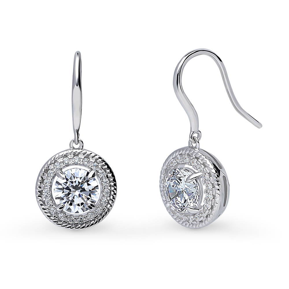 Halo Cable Round CZ Fish Hook Dangle Earrings in Sterling Silver