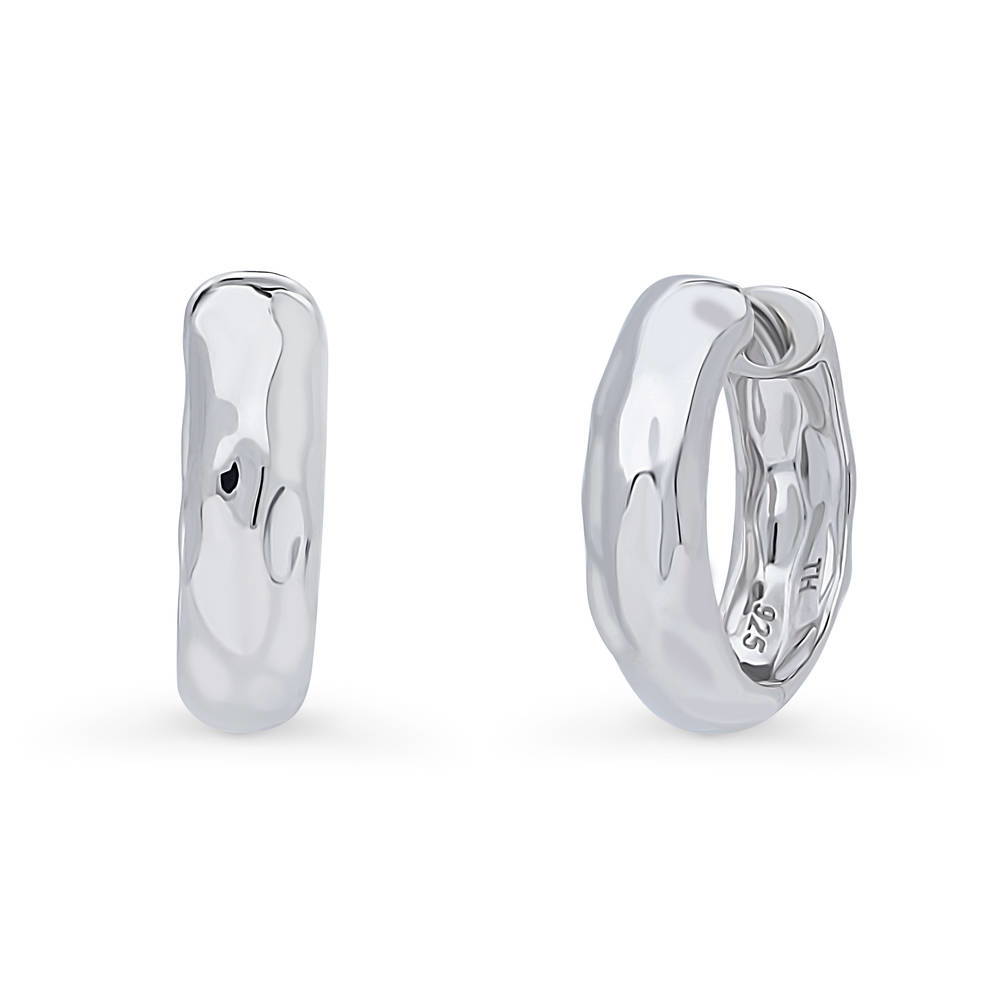 Dome Hammered Medium Hoop Earrings in Sterling Silver 0.67"