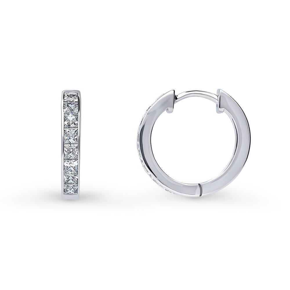 Bar Solitaire CZ 2 Pairs Hoop and Stud Earrings Set in Sterling Silver