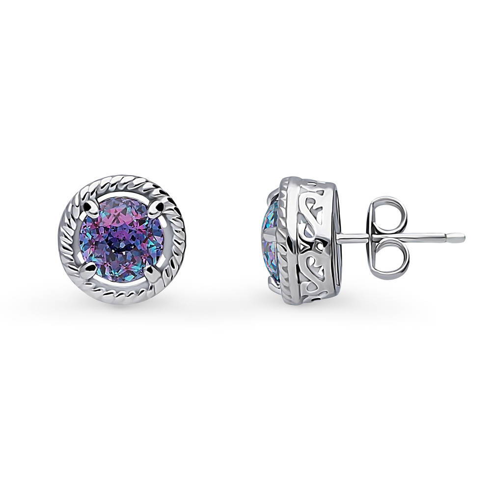 Solitaire Purple Aqua Round CZ Stud Earrings in Sterling Silver 2.5ct