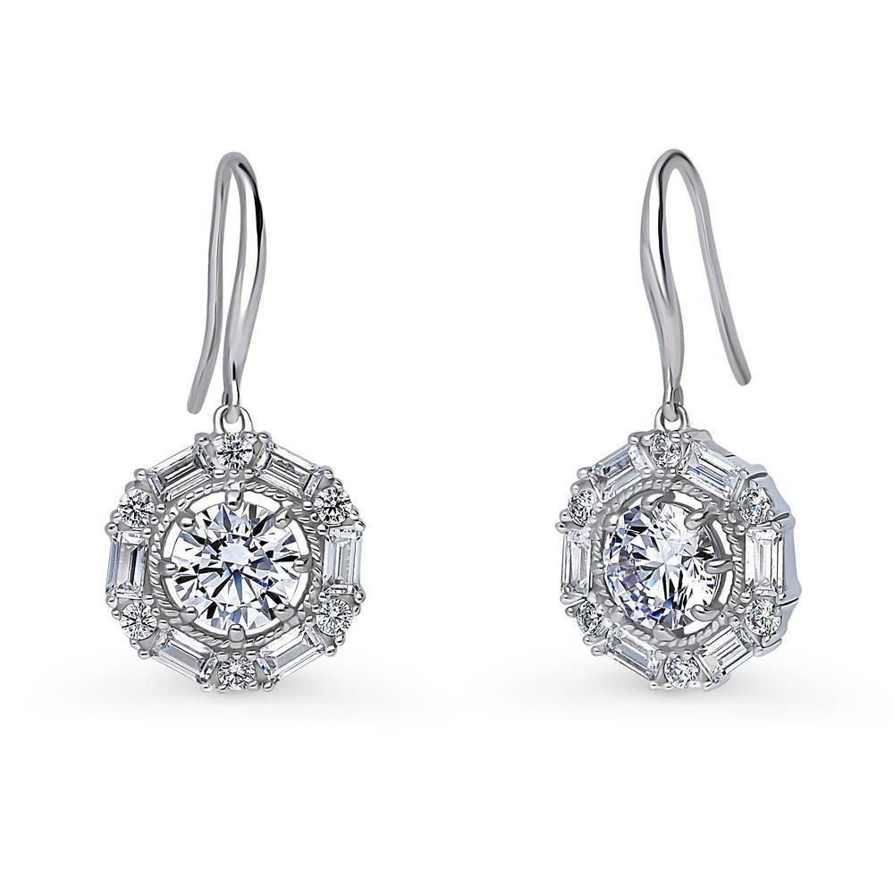 Halo Cable Art Deco CZ Fish Hook Earrings in Sterling Silver