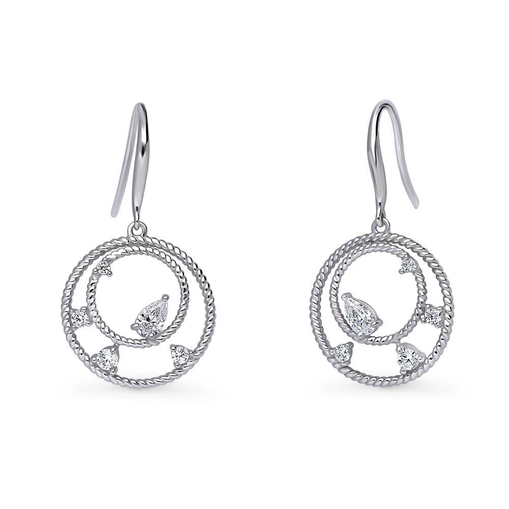 Open Circle Cable CZ Fish Hook Dangle Earrings in Sterling Silver