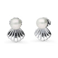 Solitaire Clam Cultured Pearl Stud Earrings in Sterling Silver, Rhodium Plated