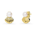 Solitaire Clam Cultured Pearl Stud Earrings in Sterling Silver, Yellow Gold Flashed