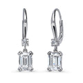 Solitaire Emerald Cut CZ Leverback Earrings in Sterling Silver, Rhodium Plated