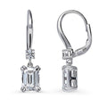 Front view of Solitaire Emerald Cut CZ Leverback Earrings in Sterling Silver, Rhodium Plated