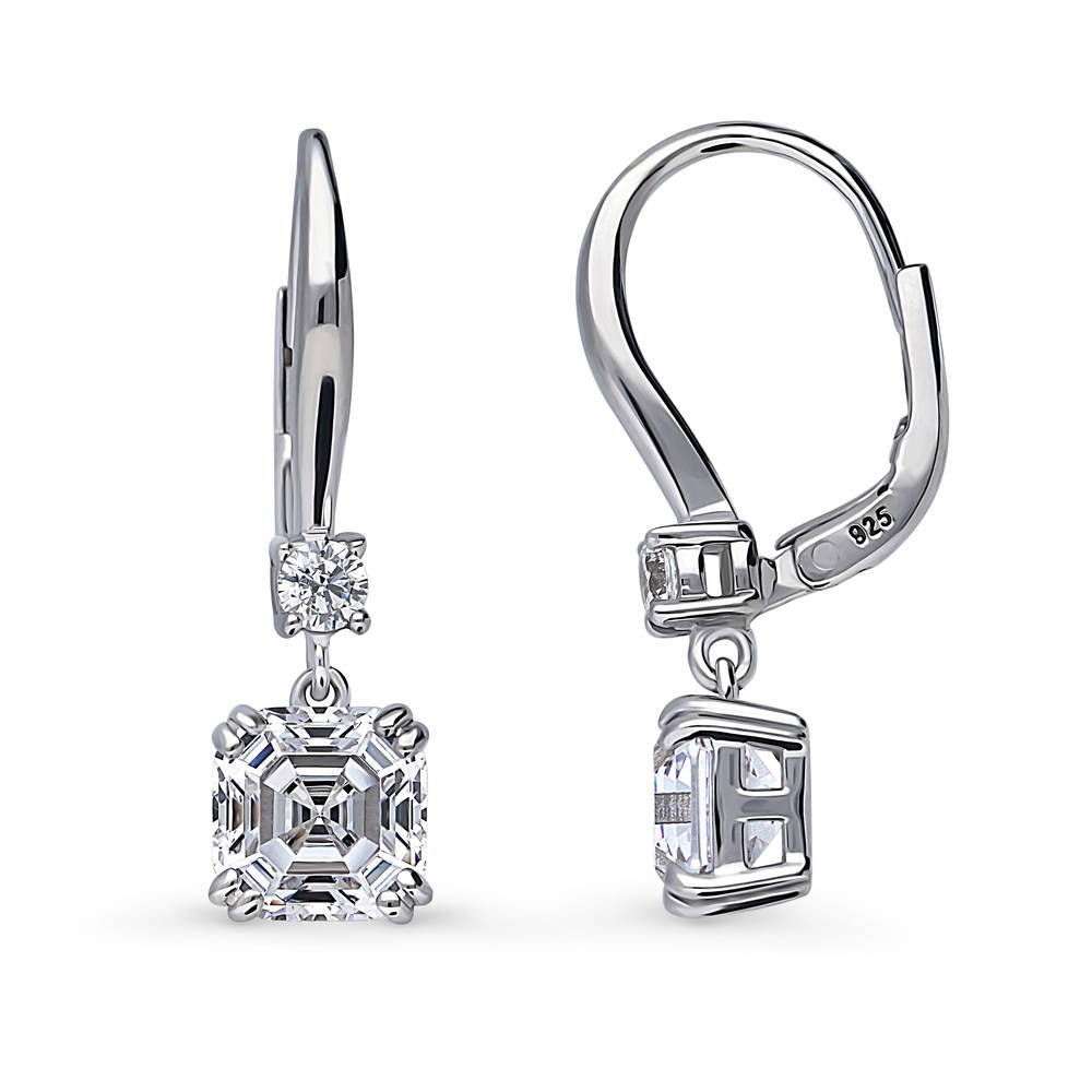 Solitaire 4ct Asscher CZ Leverback Dangle Earrings in Sterling Silver