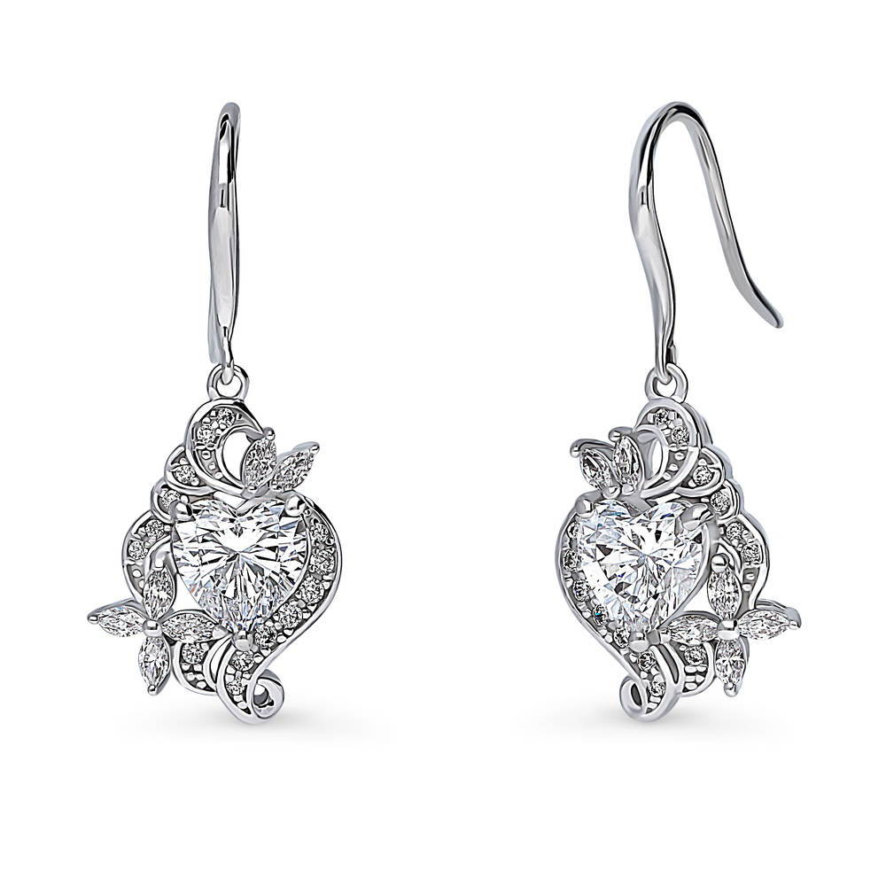 Heart Flower CZ Fish Hook Dangle Earrings in Sterling Silver
