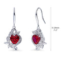 Front view of Heart Flower CZ Fish Hook Earrings in Sterling Silver, Ruby Color