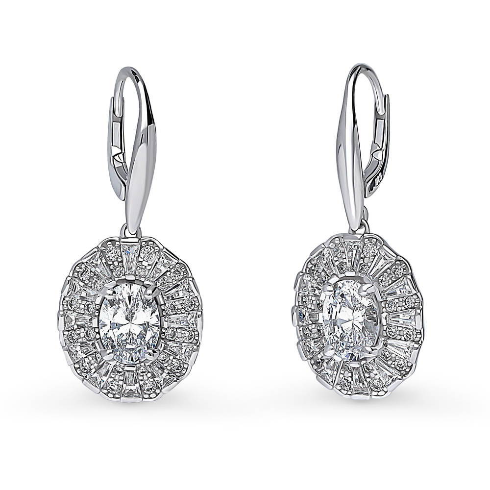 Halo Art Deco Oval CZ Necklace and Earrings Set in Sterling Silver