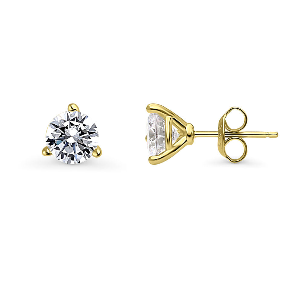 Solitaire CZ Stud Earrings in Gold Flashed Sterling Silver, 7mm