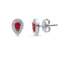 Halo Pear CZ Stud Earrings in Sterling Silver, Red Color